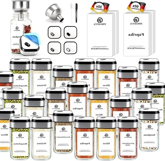 Set di contenitori quadrati per erbe con 60 etichette tedesche e coperchio in acciaio inossidabile con griglia a forma di cono - macinatore di erbe con coperchio girevole Contenitori per erbe quadrati