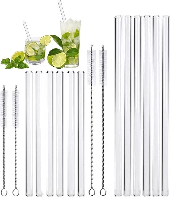 Set di canne di vetro riciclabili - 12 pezzi corti e lunghi - trasparenti - resistenti al lavastoviglie - 10 mm - con set di spazzole per pulizia - bicchieri da cocktail - canne di vetro. Canne di vetro riciclabili