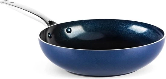 Wok in acciaio inossidabile 28cm 27L con superficie diamantata resistente al surriscaldamento e antiaderente PFAS-free, resistente a lavastoviglie e forno, colore blu
