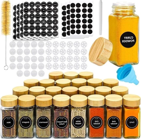 Set di contenitori per erbe in vetro e legno - 24 pezzi 120ml set di contenitori per erbe - contenitore per erbe con etichette per la cucina - scuotitore - cucchiaio - spazzola per contenitori per erbe quadrati