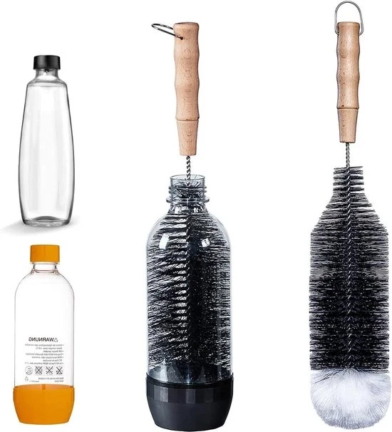 Borsetto per bottiglie SodaStream 1 litro Crystal PET e fiale KST - spazzola per bottiglie pulitrice con coda di nuvola - manico lungo