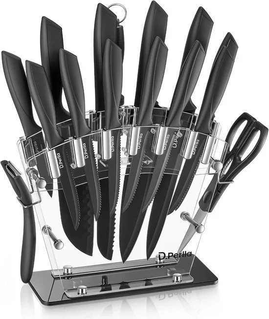 Set di coltelli in acciaio inox con contenitore in acrilico - 16 pezzi - nero - contenente coltelli con alto contenuto di carbonio - affilati - resistenti alla ruggine - per cucina
