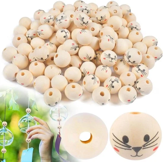 100 pezzi di perle di legno con faccia 20 mm - perle di legno naturali rotonde - decorazioni DIY - creare gioielli - attrezzature per il fai da te - accessori decorativi Perle di legno con faccine