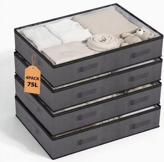 4 contenitori di archiviazione sotto letto con coperchio 75L, contenitore archiviazione pieghevole con doppia cerniera, organizzatore di stoffe per letto, abbigliamento, traslochi, grigio
