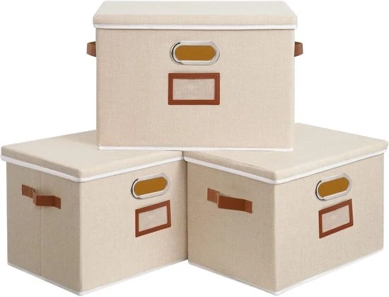 Contenitori di stoffa con coperchi - cestelli pieghevoli - 3 pezzi - beige - 45 x 30 x 30 cm