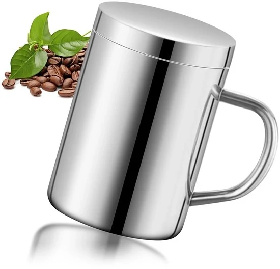 Moka in acciaio inossidabile a doppia parete - tazza per caffè con coperchio e manico - 400 ml
