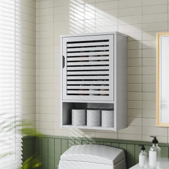 Cassa Porta per Bagno a Parete con Porta - Risparmio Spazio in Bambù - Bianco - Appeso