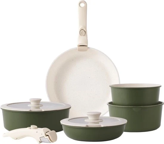 Set di pentole con manici rimovibili, rivestimento antiaderente, stoviglie sovrapposte con coperchi in silicone, risparmio di spazio.