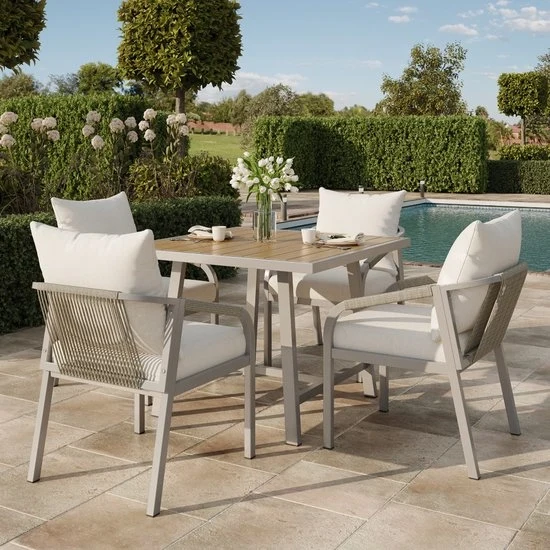 Set da Esterno - Struttura in Acciaio - 4 Sedili - Cappuccio Beige - Tavolo