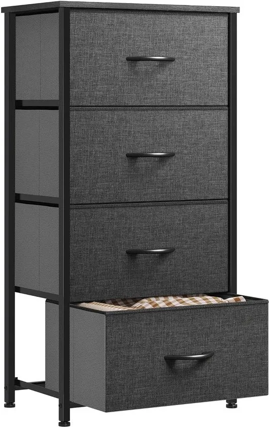 Cassa di Stoccaggio in Tessuto con 4 Cassetti per Camera da Letto Sala da Pranzo Armadio in Acciaio Robusto Struttura Facile da Trascinare Cassetti in Tessuto e Superficie in Legno - Nero Grigio