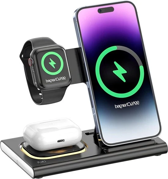 Oplaadstation inductivo wireless con illuminazione LED inclinata 4-in-1 - Caricatore rapido per iPhone AirPods e Apple Watch - Adatto per diversi modelli. Oplaadstation