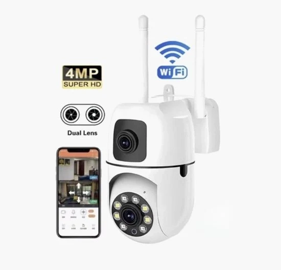 Camera di Sicurezza per Esterno e Interno - 360° Rotativa con Visione Notturna - 4MP Doppio Obiettivo - Rilevamento Movimento & Allarme - WiFi - Microfono a Due Vie - Sorveglianza Continua