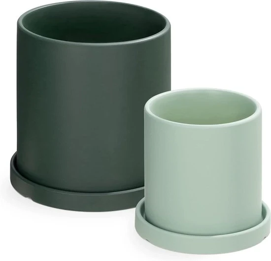 Set di vaso ceramico per piante - Cura delle tue piante - 2 pezzi - Verde - 11x11 cm e 17x17 cm