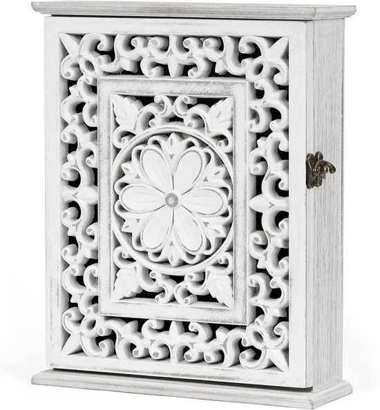 Cassettone in legno con 6 ganci - stile vintage bianco - 27 x 21 x 7 cm