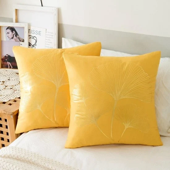 Set di cuscini di flanella Ginkgo Biloba - Set da 2 - Giallo - 45 x 45 cm