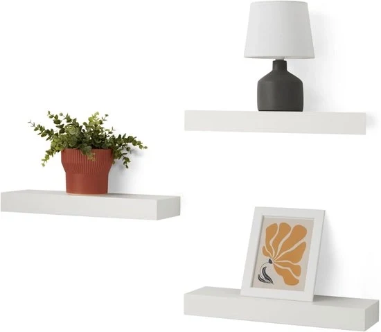 Set di 3 Pannelli di Legno Bianco - 40 x 12,5 x 4,5 cm - Pannelli Galleggianti per Decorazione delle Pareti e Spazio di Stoccaggio