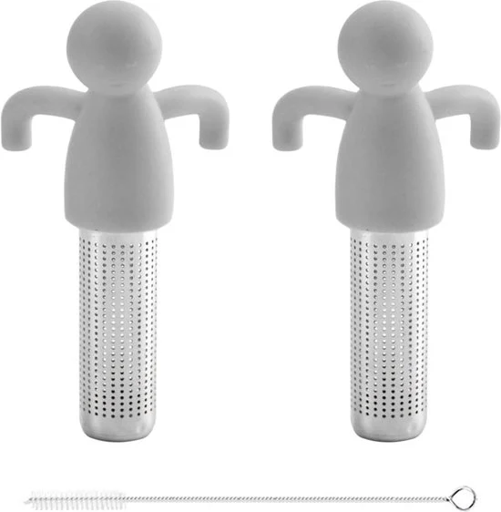 Zef per tè in acciaio inossidabile grigio - Filtro per tè con manico in silicone - Thee infusore umanoide con setaccio a maglie larghe
