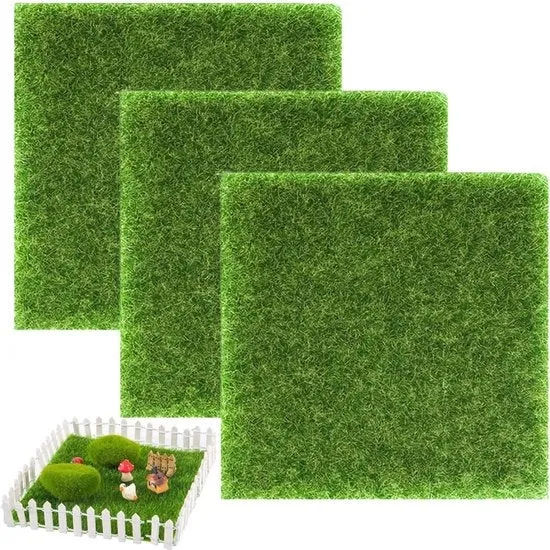 Tappeto di Erba Finta - Decorazione di Giardino Miniatura - 3 Pezzi - Verde - 15 x 15 cm