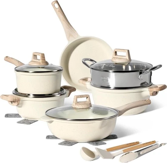 Set di pentole ad induzione - Per Tutti i Forni - Antiaderente con Coperchio in Vetro - Antiaderente - Pentole Senza PFOA - PFAS (Beige)