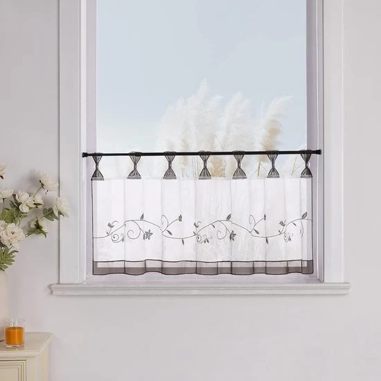 Vetrata con fiori ricamati a lusso - tenda da caffè - 1 pacchetto - grigio - 45x90 cm