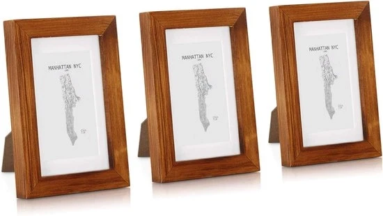 Set di 3 cornici per foto - posizionamento verticale e adesivo per parete - 14 x 9 cm - vetro reale e legno