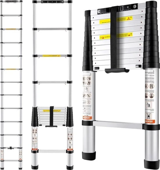 Ladder telescopica 38 m in alluminio retrattile - capacità 170 kg - piedi antiscivolo - portatile - riparazioni in casa - scala per camper
