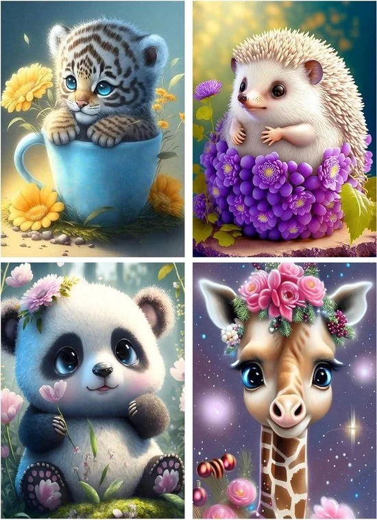 Set di 4 pezzi di dipinto con uccelli leopardo-panda-giraffa con diamanti per decorazione di parete DIY 5D dipinto con diamanti su numero