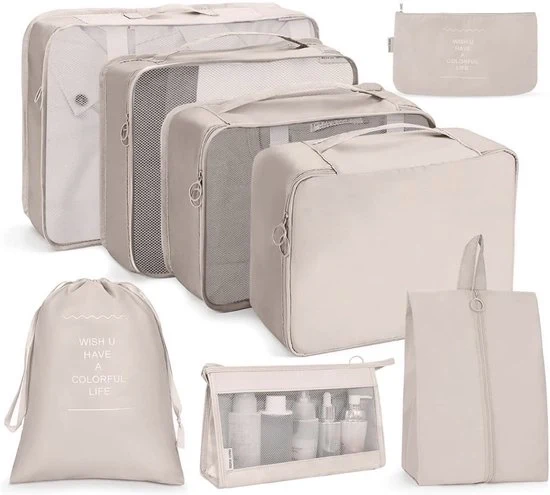 Organizzatore di valigia 8-delicato – Set di contenitori di archiviazione – Organizzatore di viaggio impermeabile per abbigliamento, scarpe e articoli da toeletta – Beige