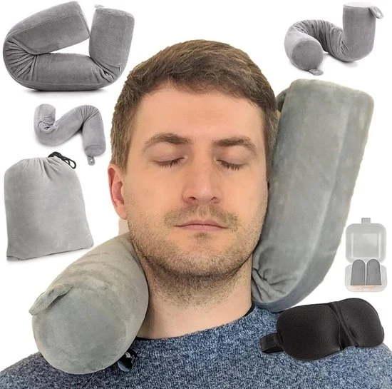 Cuscino di Supporto per il Collo Adattabile Cuscino da Viaggio con Zip con Funzione Multifunzionale per Casa Aerei Treni Auto Letto Ufficio (Grigio)