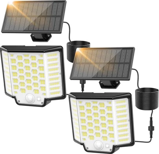 Lampada esterna alimentata da energia solare con sensore di movimento - 186 led, 3 modalità, IP65 - Set di 2 pezzi - Cavo di 5m - Per giardino terrazzo garage Illuminazione esterna