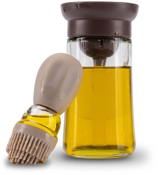 Pennello 2 in 1 con dispenser di olio, setola in silicone, flacone in vetro 180 ml, pennello per la cottura, beige, leggermente marrone.