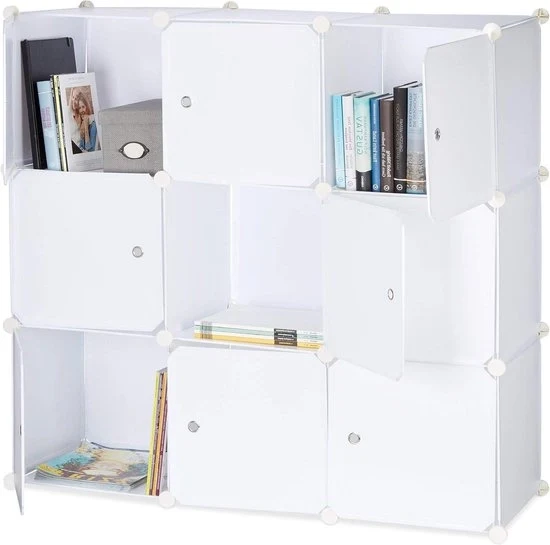 Cassettiere 9 cassette con porte - Plastica - 95 x 95 x 32 cm - Divisore per spazi - Libreria - Cassetto per giocattoli - Bianco