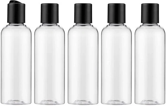 Set di 5 flaconi trasparenti da 100 ml con chiusura a coperchio.