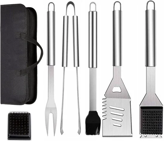 Set di accessori per barbecue 7 pezzi - Accessori barbecue in acciaio inox - Incluso contenitore portatile