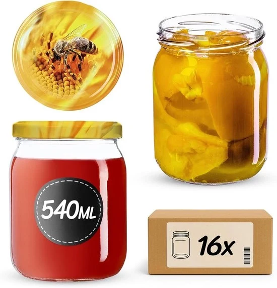 Set di 16 Pentole di Invaso 540 ml – Pentole in Vetro con Coperchio a Viti (Ø82 mm) – Erettore per Invasi, Conservazione e Meal Prep