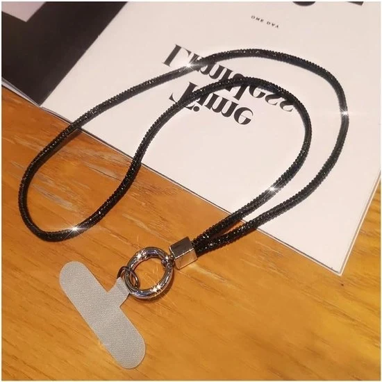 Cinturino universale per smartphone con strass polsband glitter cristallo per appendere con patch per tutti i modelli, lungo 30 cm, colore nero.