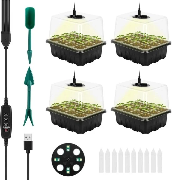 Set di 4 contenitori per semi con illuminazione - kit di avviamento con umidità - 12 celle