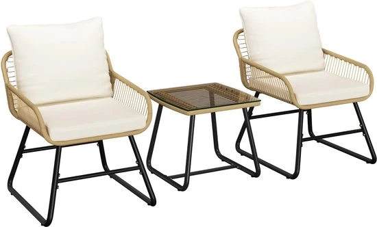 Set da pranzo 3 pezzi per esterno con 2 sedili tavolo da giardino con sedie arredo per balcone arredo per piccoli balconi arredo per lounge esterno, marrone chiaro e bianco crema