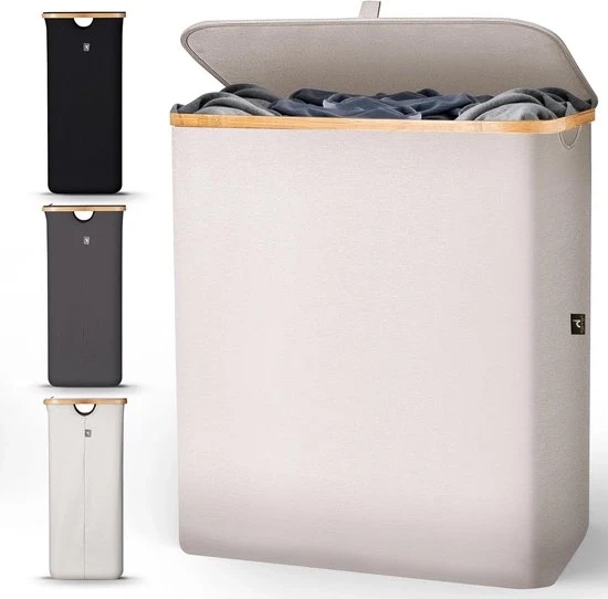 Opvougbile Cestino per Lavaroli con Copertura 2 Cassetti - 140L Cestino per Lavaroli - Per Bagno e Camera da Letto - Cestino per Lavaroli Moderno - Maniglie - Applicazione di Bambù - Cestino per Lavaroli Beige