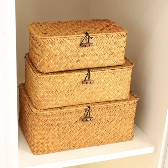 Set di contenitori in rattan con coperchio - Set da 3 pezzi