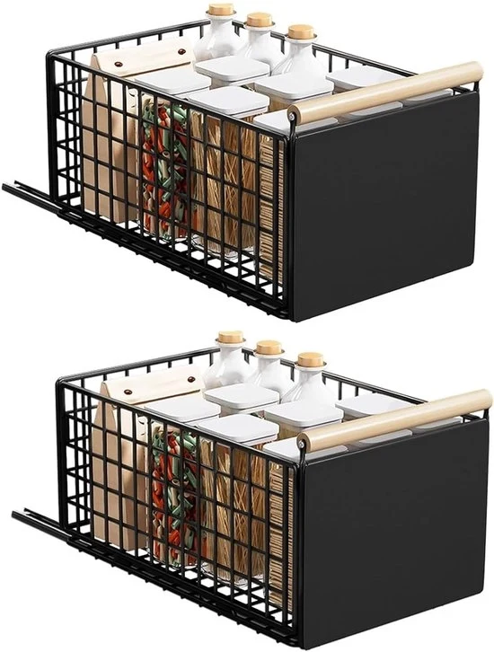 Cassetti estensibili - organizzatore cucina - 2 pezzi - nero - con maniglia in legno