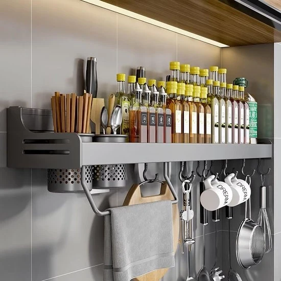 Organizzatore per erbe e utensili a muro - Organizzatore per cucina senza perforazione - 50 cm - Grigio