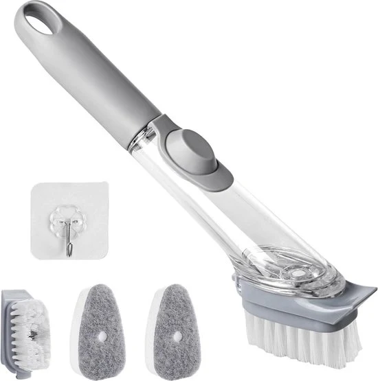 Spazzola per lavastoviglie multifunzionale - 4 teste - distributore sapone - pulizia vasca lavastoviglie e servizio piatti Modello: 123456 Codice prodotto: ABC123 Materiali: plastica e gomma Dimensioni: 20 x 10 x 5 cm Peso: 150 g