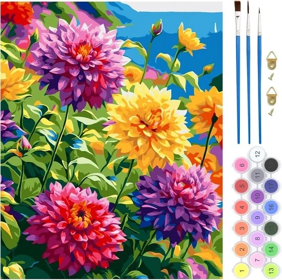 Disegno a numero di fiori - hobby creativo per adulti - 1 pezzo - colorato - 40 x 50 cm