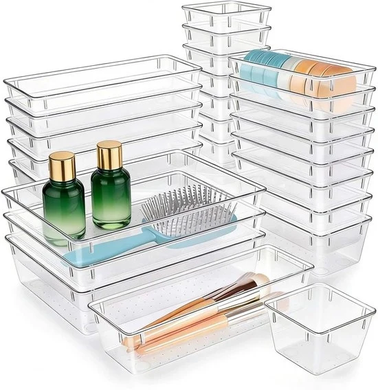 Set di 25 Organizzatori di Cassetto trasparenti con punti in 4 misure per Ufficio, trucco e Cucina, Ideali per piccoli accessori e articoli da ufficio