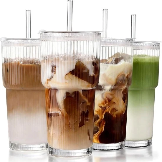 Set di bicchieri in vetro - Set di tazze in carta - Icereccie Smoothies - Progettato con disegno a rilievo - 600 ml 4 pezzi
