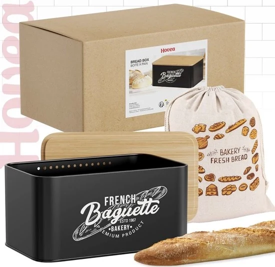 Cassa per pane con coperchio in bamboo – Nera cassa per pane – 30 x 18 x 13,7 cm – Inclusa ciotola per pane – Per pane, toast e biscotti