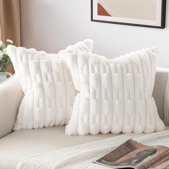 Set di coperture per cuscini morbidi - Plume di pelliccia artificiale - Set da 2 - Crema - 60x60 cm