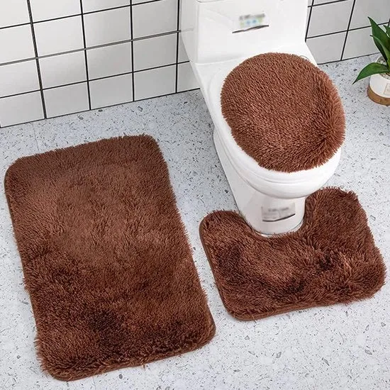 Set di Tappeti da Bagno in Pluche - 3 Pezzi - Marrone