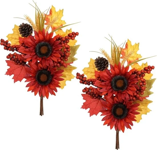 Bouquet di fiori artificiali di zinnia autunnale - 2 pezzi - Rosso - Plastica - 40,6 cm